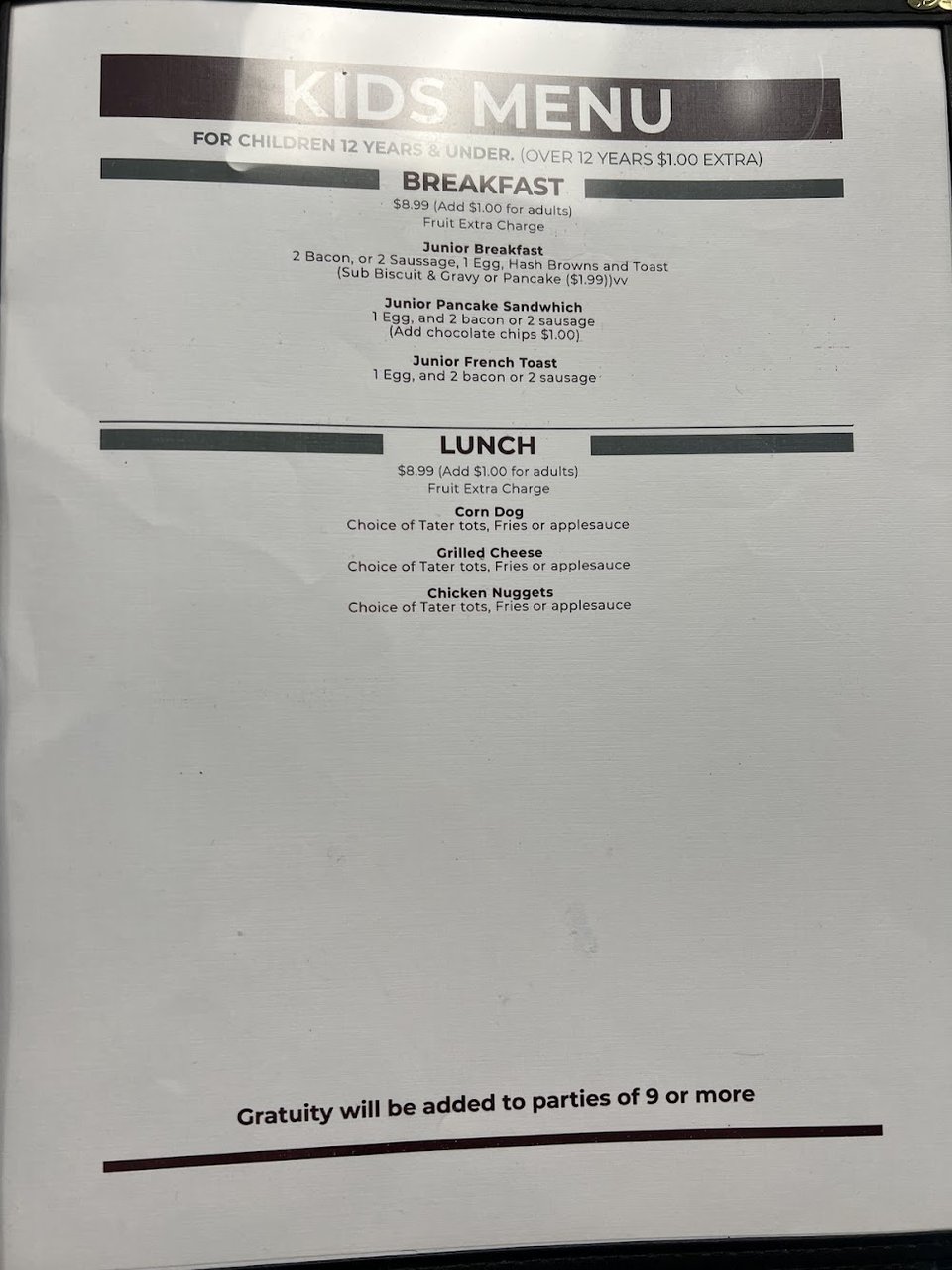 Printed menu featuring breakfast and salad options